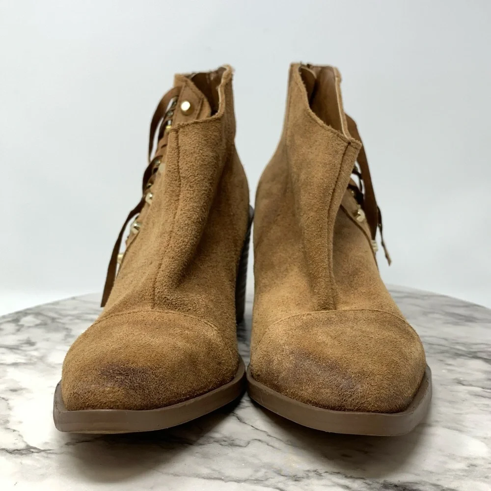 Fergie Bennie Brown Suede Studded Fringe Boots 7.5 Boho Prairie Cottagecore Moto
